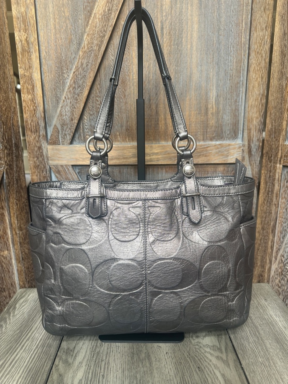 Coach F1049-F15242 Metallic Gray Gunmetal Embossed Leather Satchel Tote Bag - Picture 2 of 16